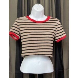 Women's Tan Black Striped Short Sleeve Tee Crop Top Teen Junior Sz Small OBOE
